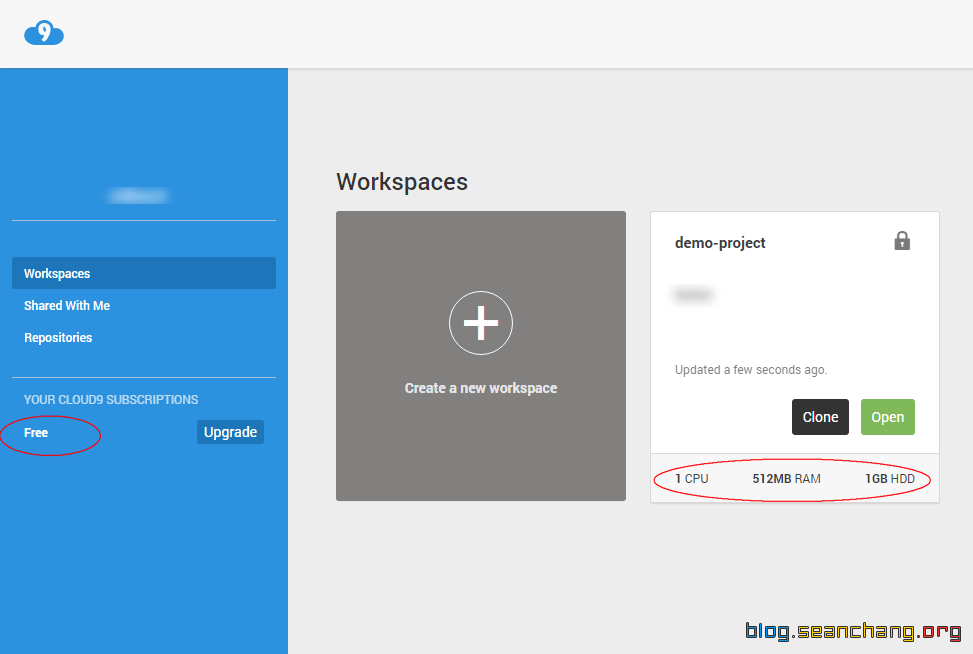 Cloud 9 后台管理面板的 Workspaces 菜单-截图