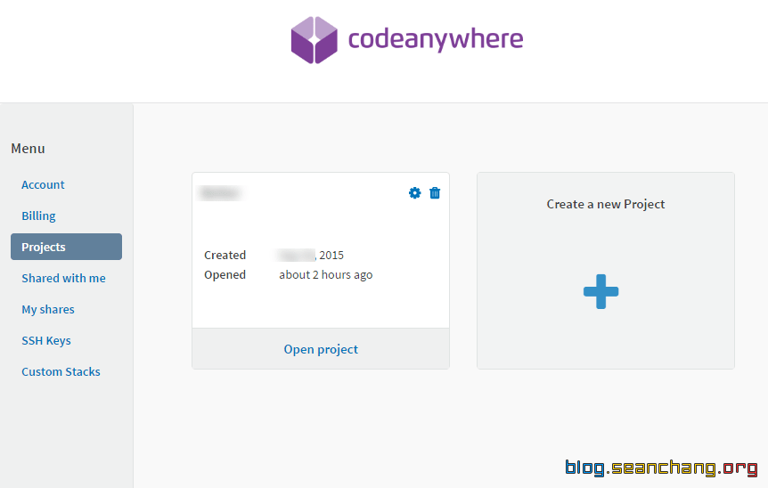 Codeanywhere 后台管理面板的 Projects 菜单-截图