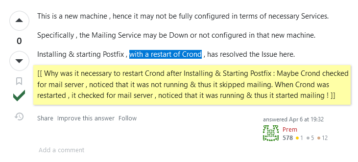 StackOverflow 里面有关需要重启 Crond 的回答的截图