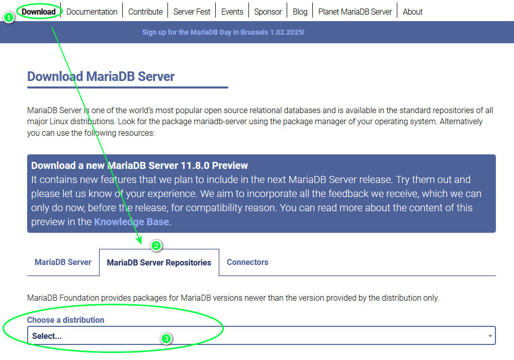 MariaDB 官网选择 MariaDB Server Repositories 的截图